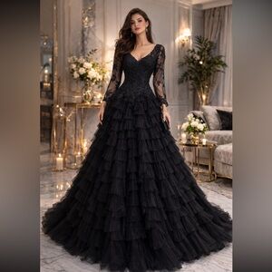 Mon Cheri Tiered ruffle long sleeves V-Neck lace long gown